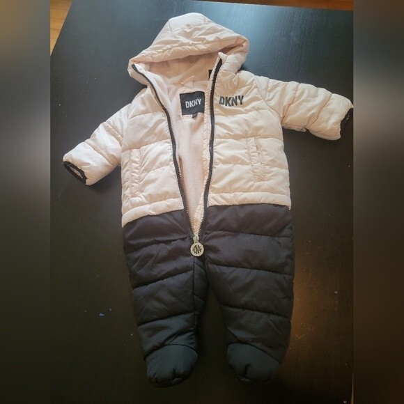 DKNY Baby Girl Pink and Black Snowsuit Outwear Size 6-9 Months - Picture 1 of 10